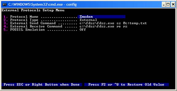 Zmodem protocol configuration